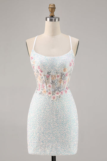 Sparky White Sequins Corset Bodycon Short Floral Cocktail Dress